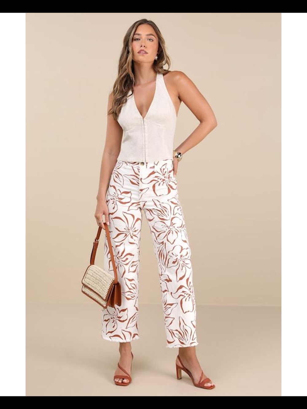 Billabong Cream Wide-Leg Pants with Rust Floral Print